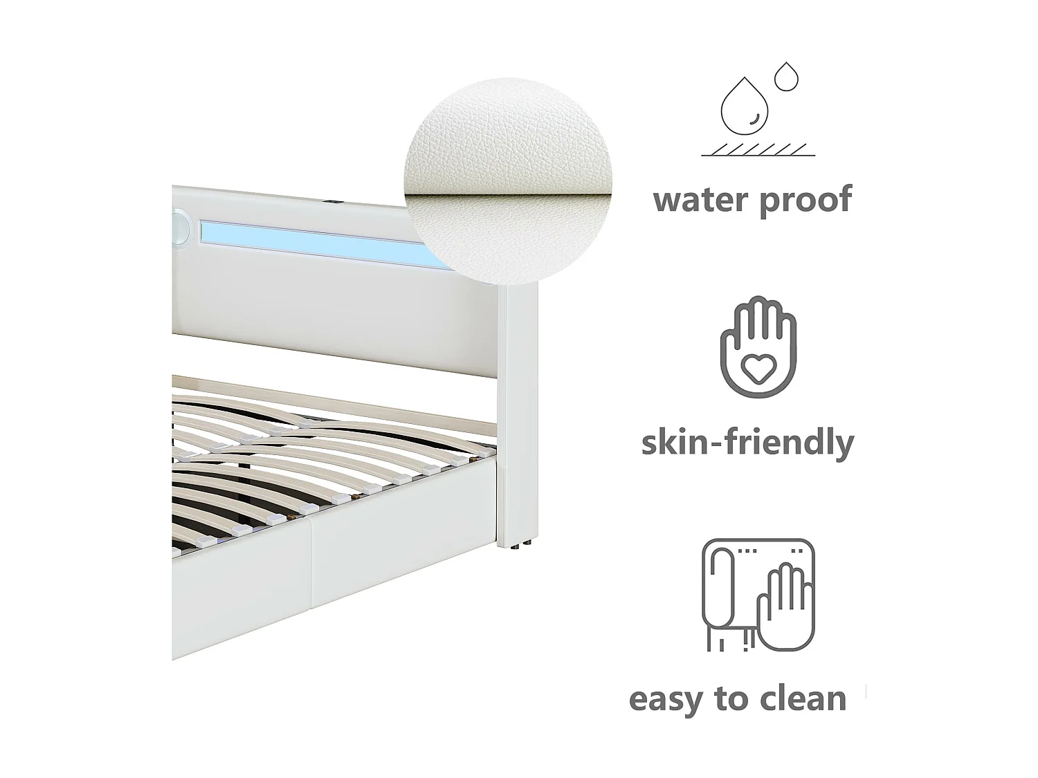 Lit coffre rembourré en similicuir 160x200cm avec LED, lecteur Bluetooth et Ports de charge USB - avec sommier à lattes - Blanc