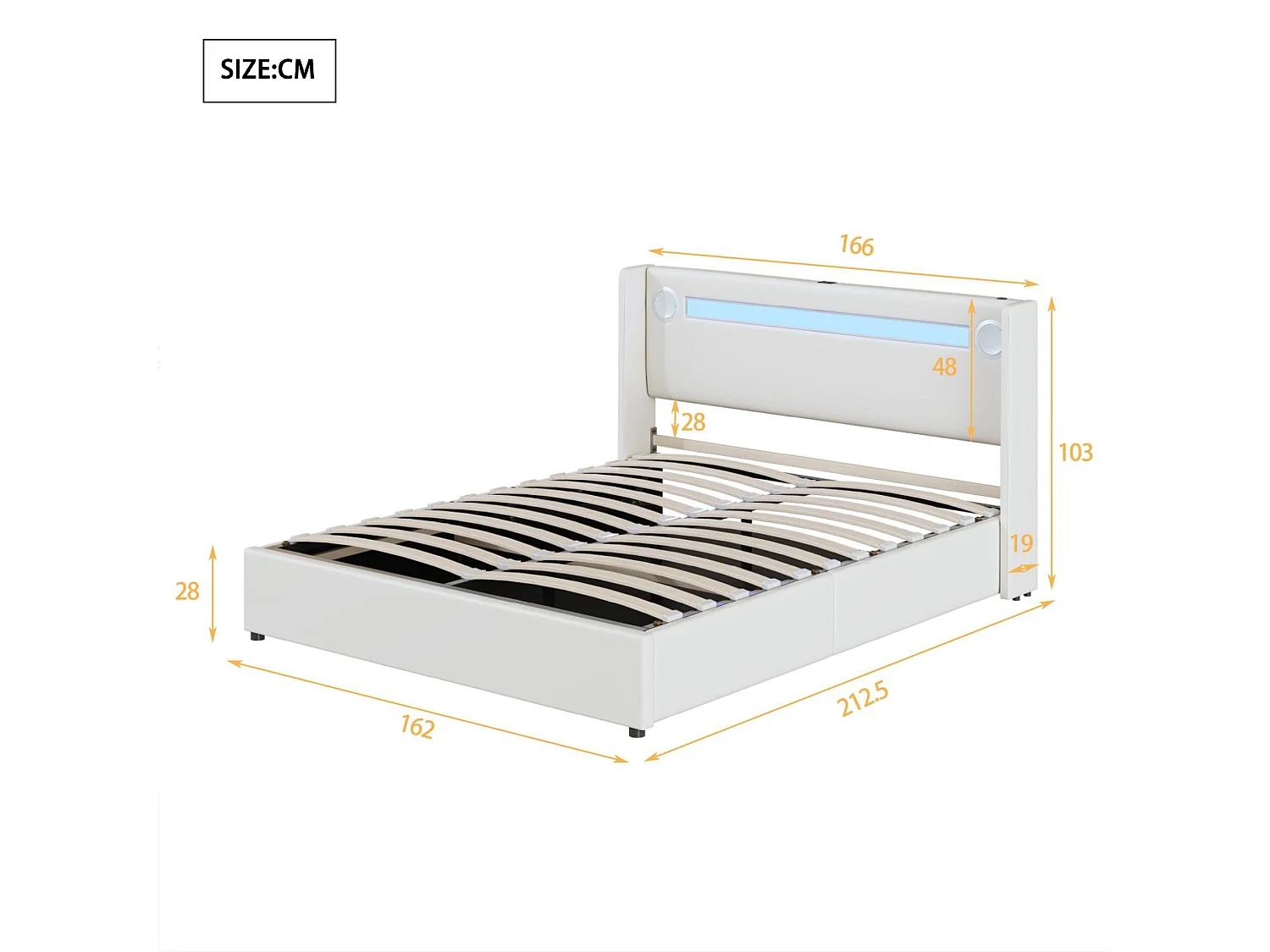 Lit coffre rembourré en similicuir 160x200cm avec LED, lecteur Bluetooth et Ports de charge USB - avec sommier à lattes - Blanc