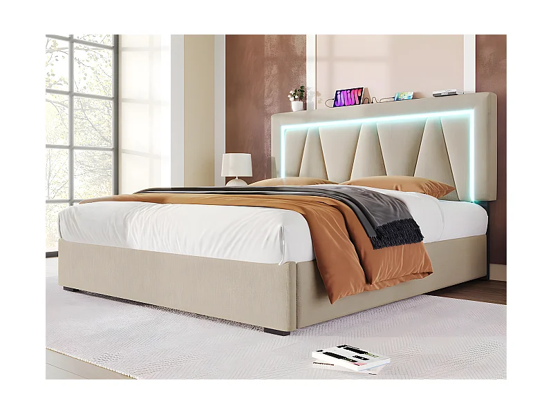 Gepolstertes Stauraumbett 140 x 200 cm mit LED und USB- und Typ-C-Ladeanschluss – Leinenstoff – Lattenrost – Beige