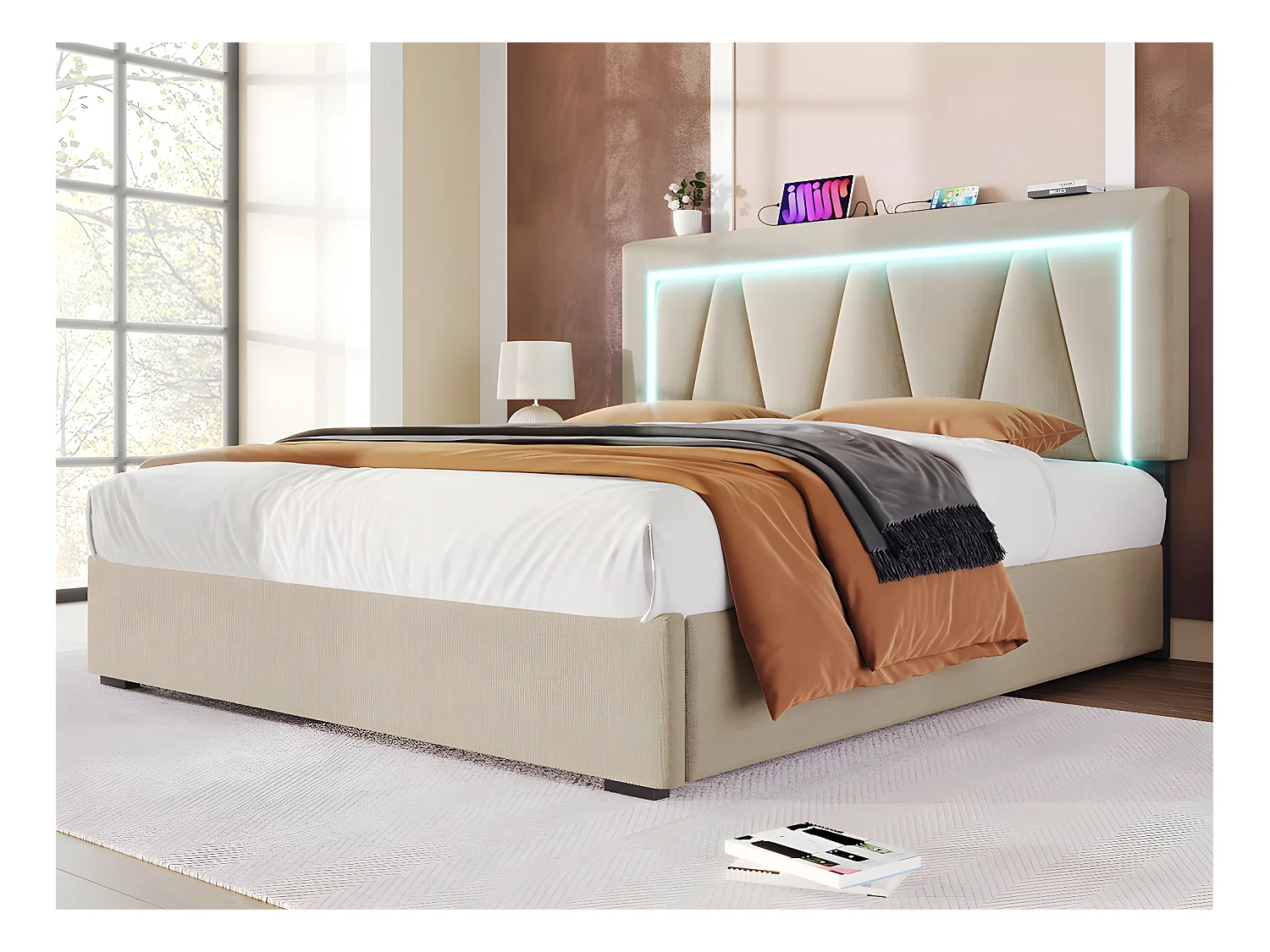 Gepolstertes Stauraumbett 140 x 200 cm mit LED und USB- und Typ-C-Ladeanschluss – Leinenstoff – Lattenrost – Beige