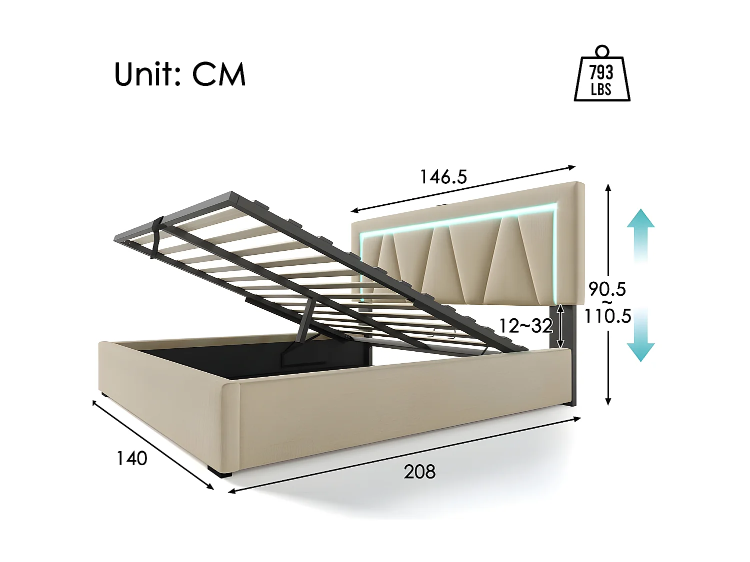 Gepolstertes Stauraumbett 140 x 200 cm mit LED und USB- und Typ-C-Ladeanschluss – Leinenstoff – Lattenrost – Beige