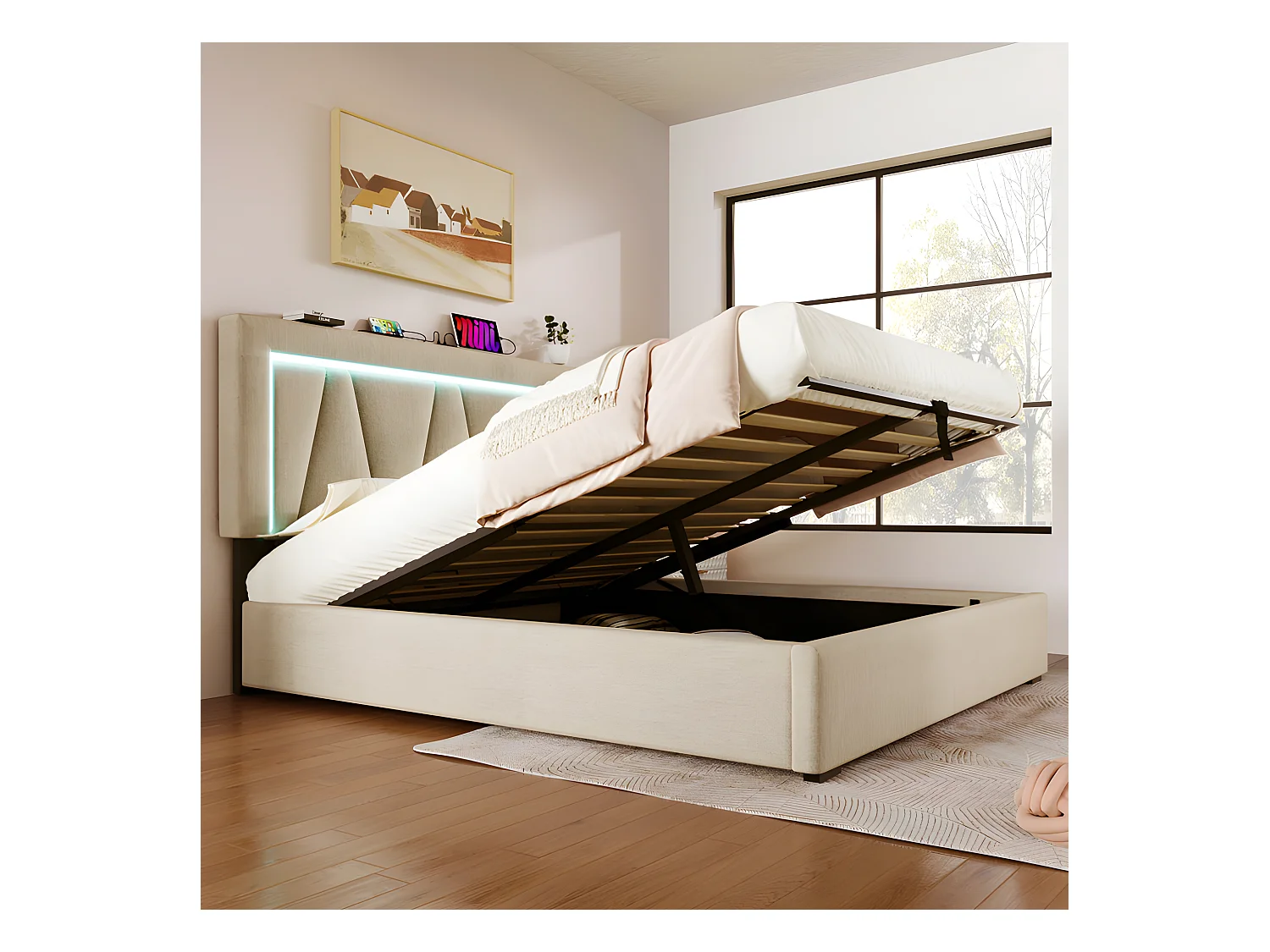 Gestoffeerd opbergbed 140x200cm met LED en USB en Type-C oplaadpoort - Linnenstof - lattenbodem - Beige