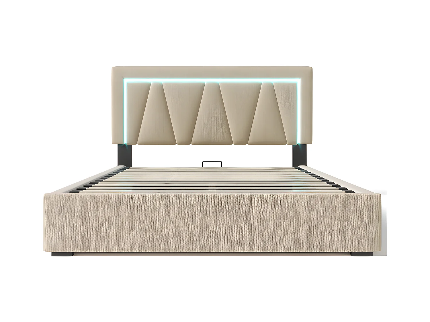 Gestoffeerd opbergbed 140x200cm met LED en USB en Type-C oplaadpoort - Linnenstof - lattenbodem - Beige