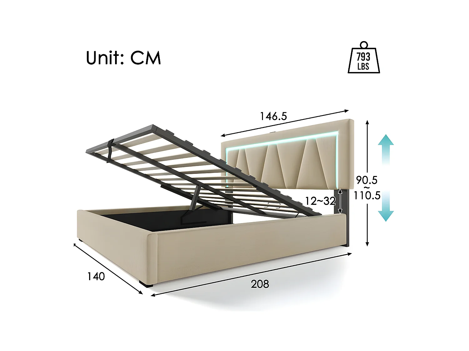 Gestoffeerd opbergbed 140x200cm met LED en USB en Type-C oplaadpoort - Linnenstof - lattenbodem - Beige
