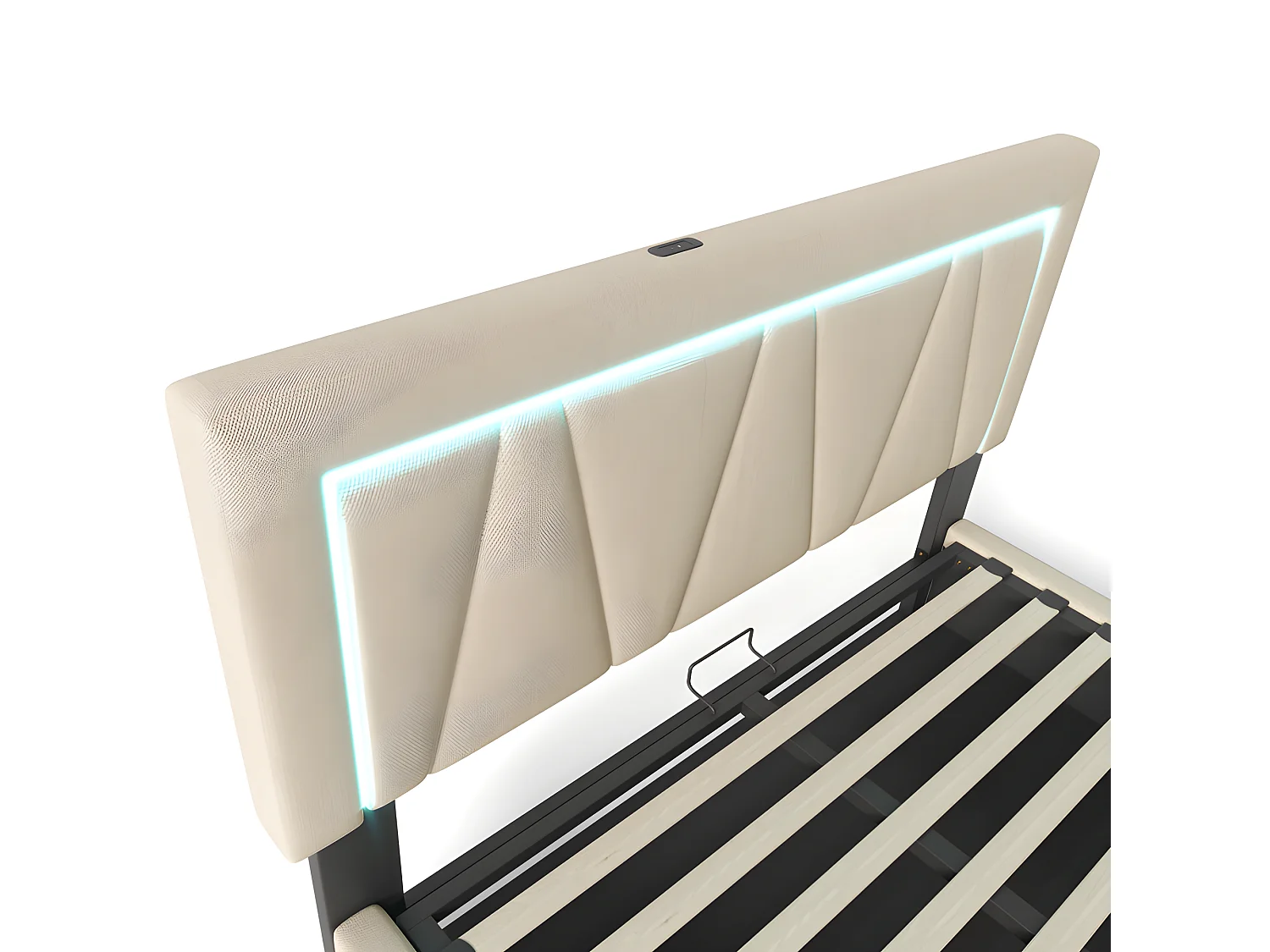 Gestoffeerd opbergbed 140x200cm met LED en USB en Type-C oplaadpoort - Linnenstof - lattenbodem - Beige