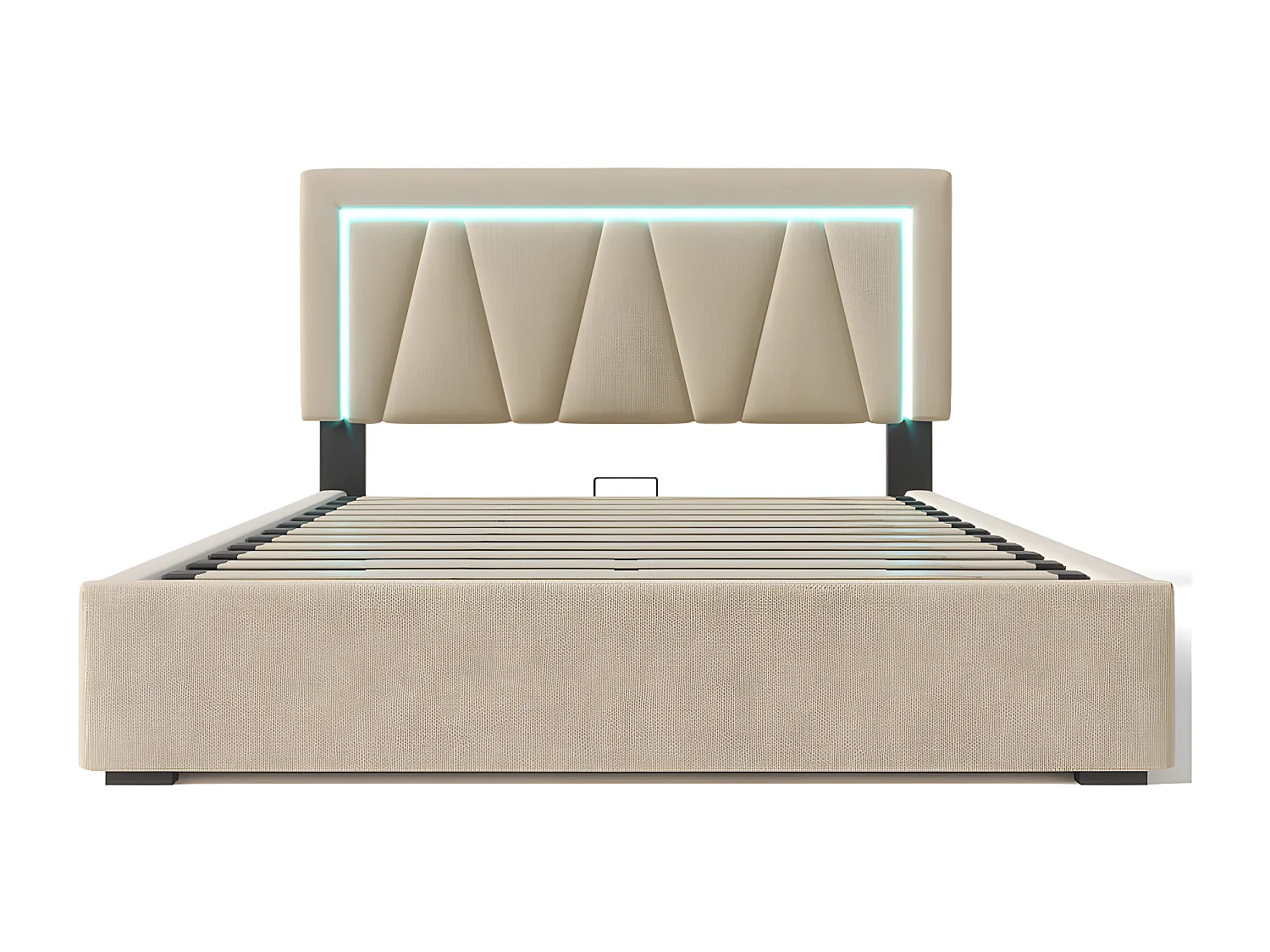 Lit coffre rembourré 140x200cm avec LED et Port de charge USB et Type-C - Tissu en Lin - sommier à lattes - Beige