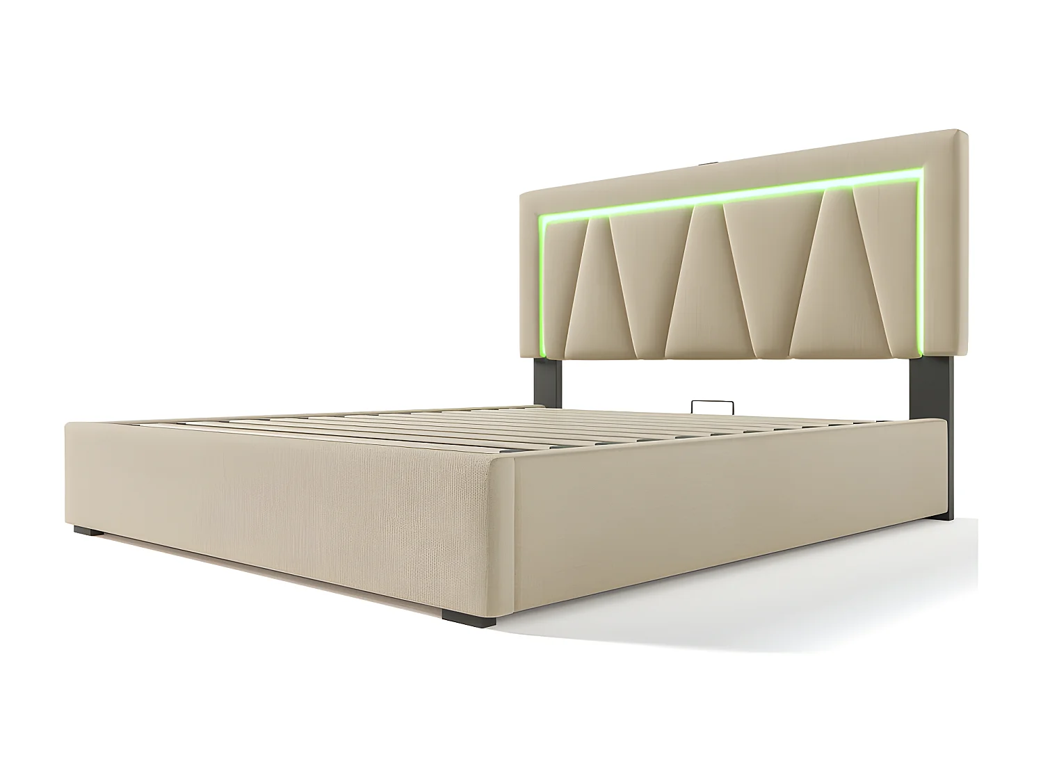 Lit coffre rembourré 140x200cm avec LED et Port de charge USB et Type-C - Tissu en Lin - sommier à lattes - Beige