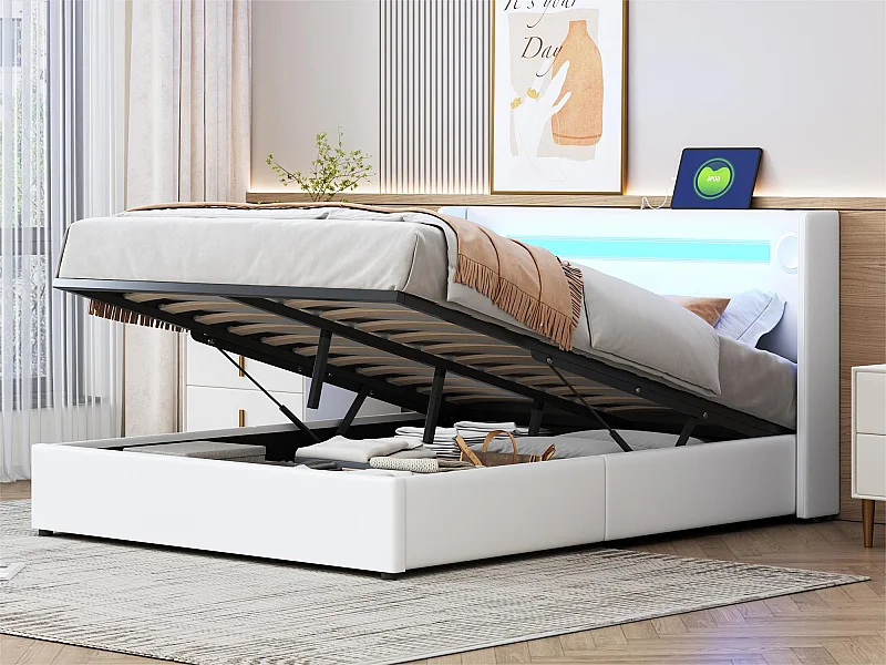 Gepolstertes Stauraumbett aus Kunstleder, 140 x 200 cm, mit LED, Bluetooth-Player und USB-Ladeanschlüssen – mit Lattenrost – Weiß