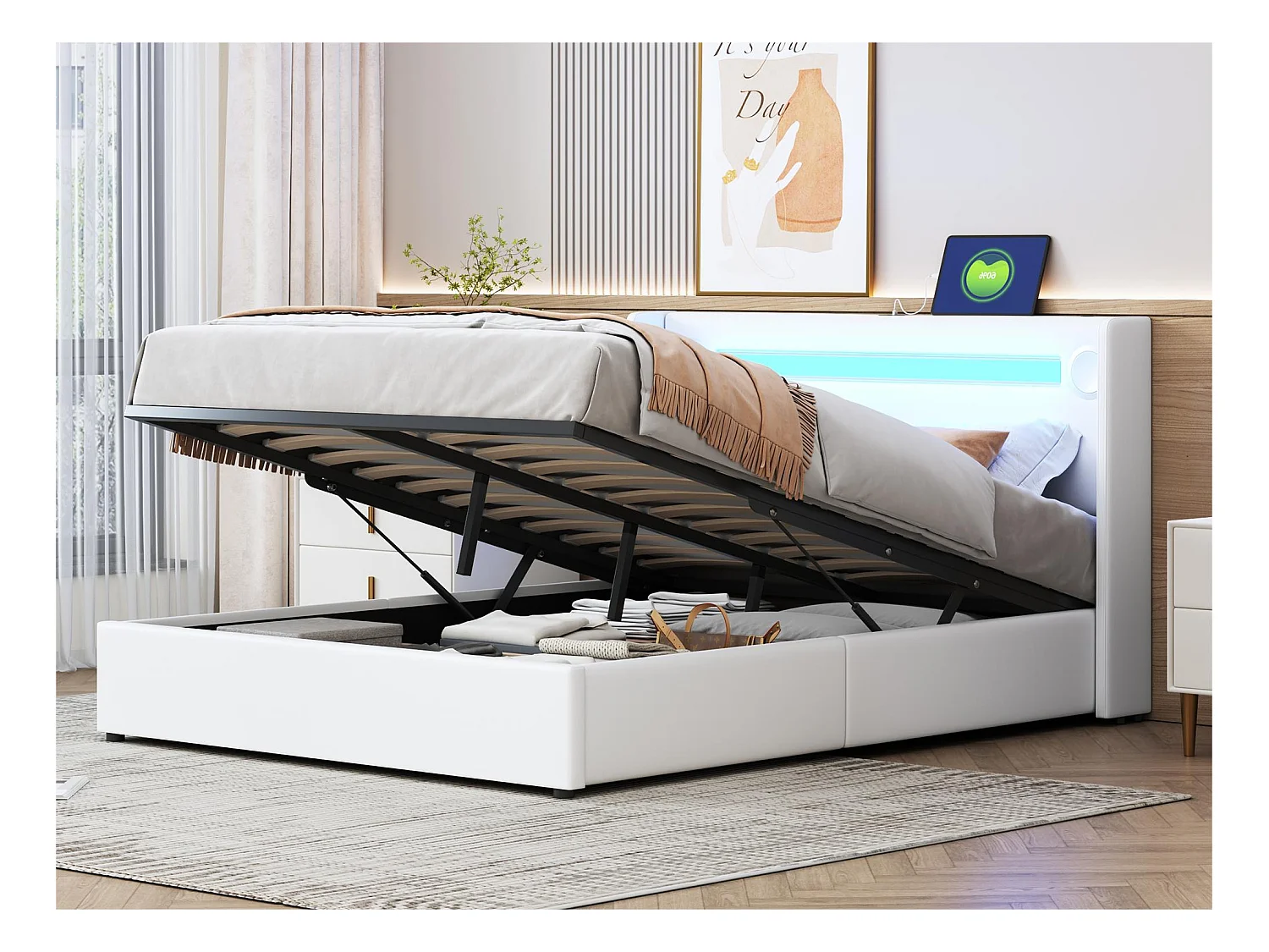 Lit coffre rembourré en similicuir 140x200cm avec LED, lecteur Bluetooth et Ports de charge USB - avec sommier à lattes - Blanc