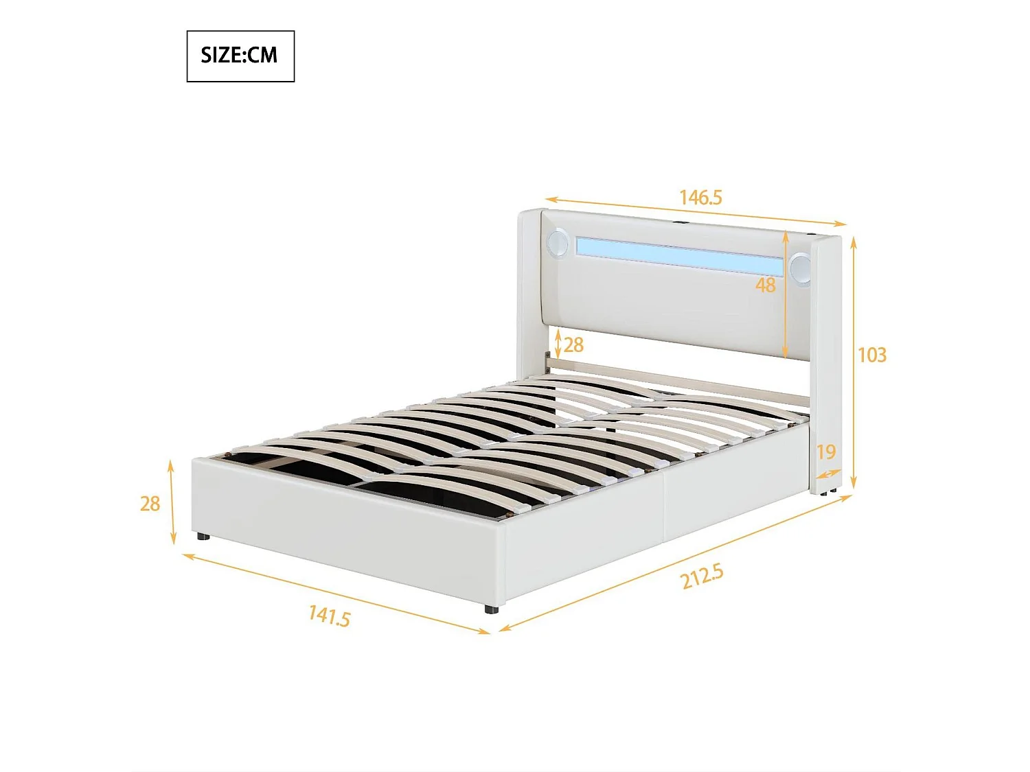 Gestoffeerd kunstleer opbergbed 140x200cm met LED, Bluetooth speler en USB oplaadpoorten - met lattenbodem - Wit