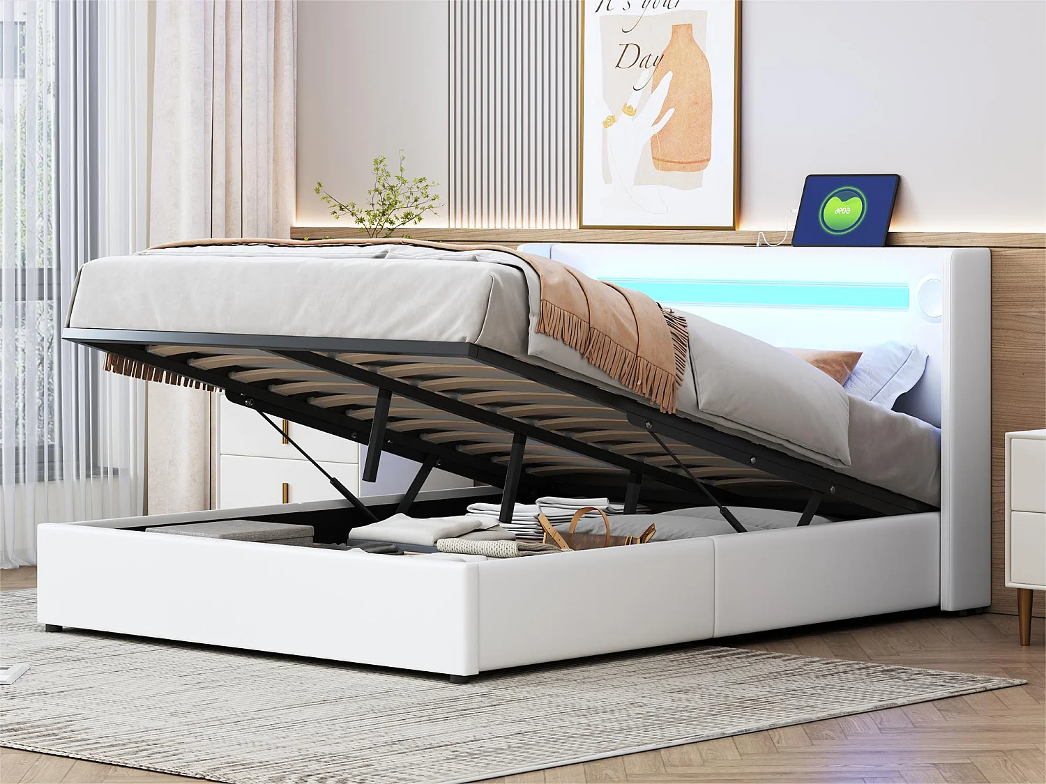 Letto contenitore imbottito in ecopelle 140x200 cm con LED, lettore Bluetooth e porte di ricarica USB - con rete a doghe - Bianco