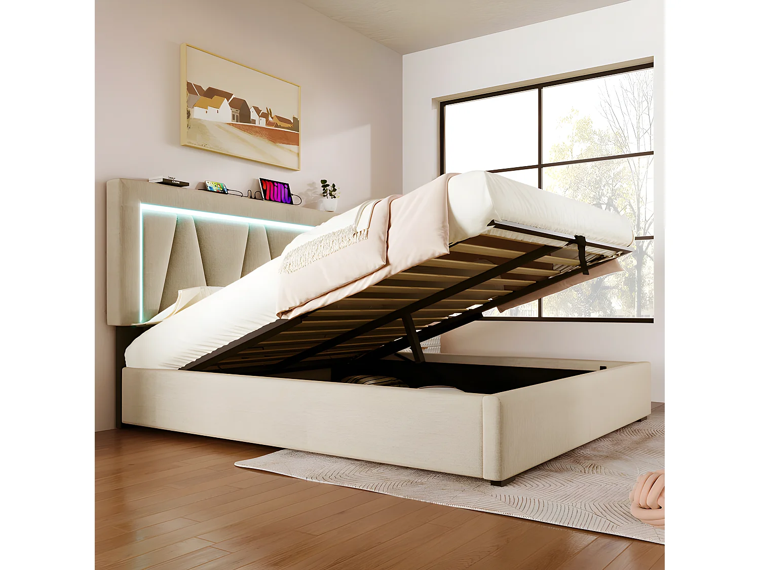 Gestoffeerd opbergbed 160x200cm met LED en USB en Type-C oplaadpoort - Linnenstof - lattenbodem - Beige