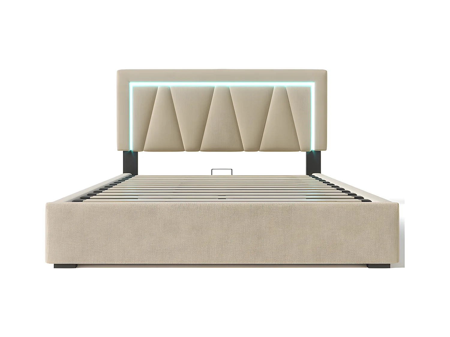Gepolstertes Stauraumbett 160 x 200 cm mit LED und USB- und Typ-C-Ladeanschluss – Leinenstoff – Lattenrost – Beige