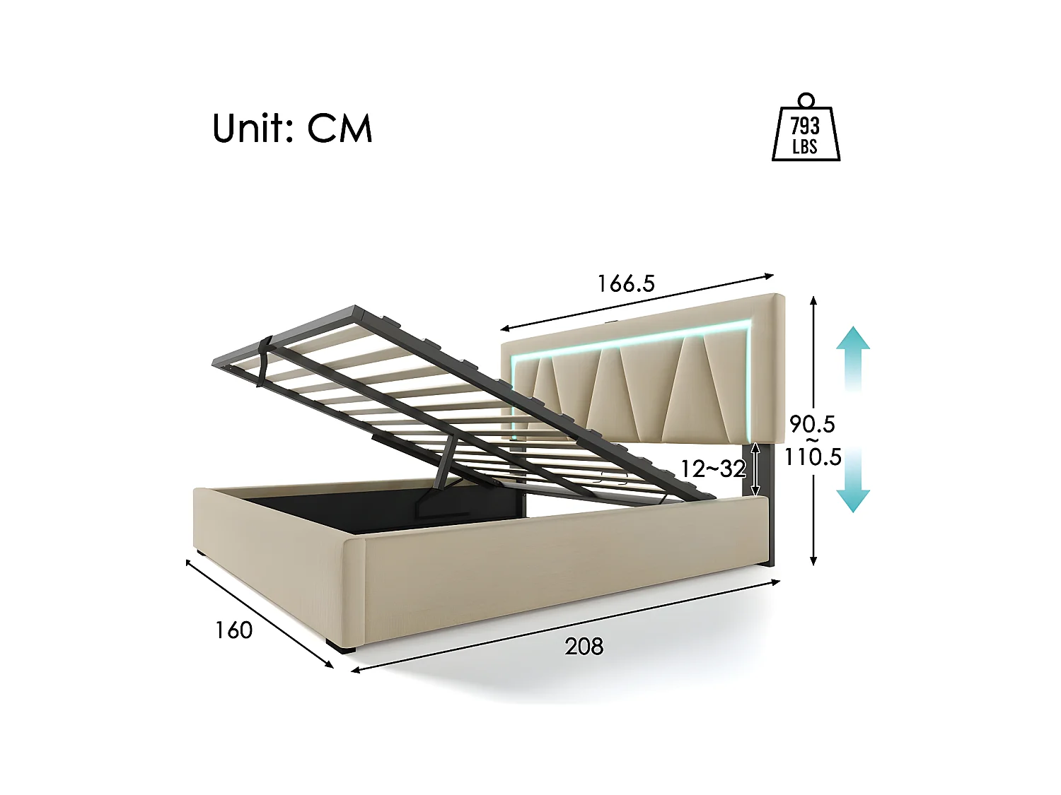 Gepolstertes Stauraumbett 160 x 200 cm mit LED und USB- und Typ-C-Ladeanschluss – Leinenstoff – Lattenrost – Beige