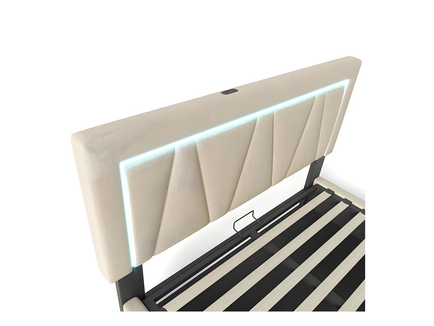 Gepolstertes Stauraumbett 160 x 200 cm mit LED und USB- und Typ-C-Ladeanschluss – Leinenstoff – Lattenrost – Beige