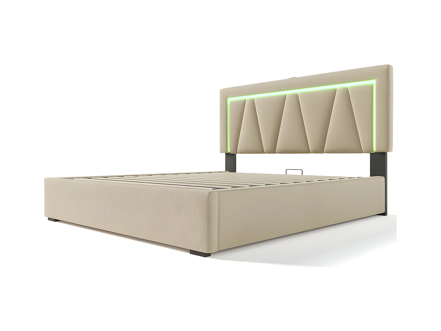 Gepolstertes Stauraumbett 160 x 200 cm mit LED und USB- und Typ-C-Ladeanschluss – Leinenstoff – Lattenrost – Beige
