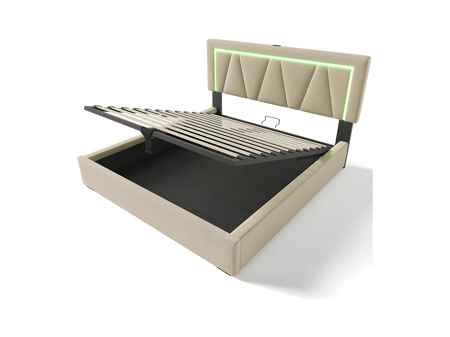 Gepolstertes Stauraumbett 160 x 200 cm mit LED und USB- und Typ-C-Ladeanschluss – Leinenstoff – Lattenrost – Beige