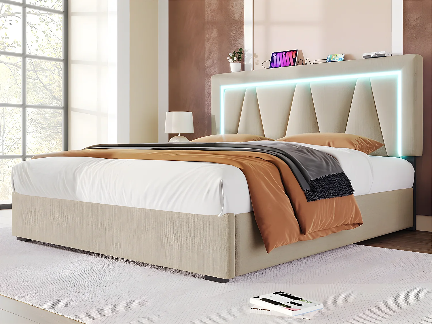 Lit coffre rembourré 160x200cm avec LED et Port de charge USB et Type-C - Tissu en Lin - sommier à lattes - Beige