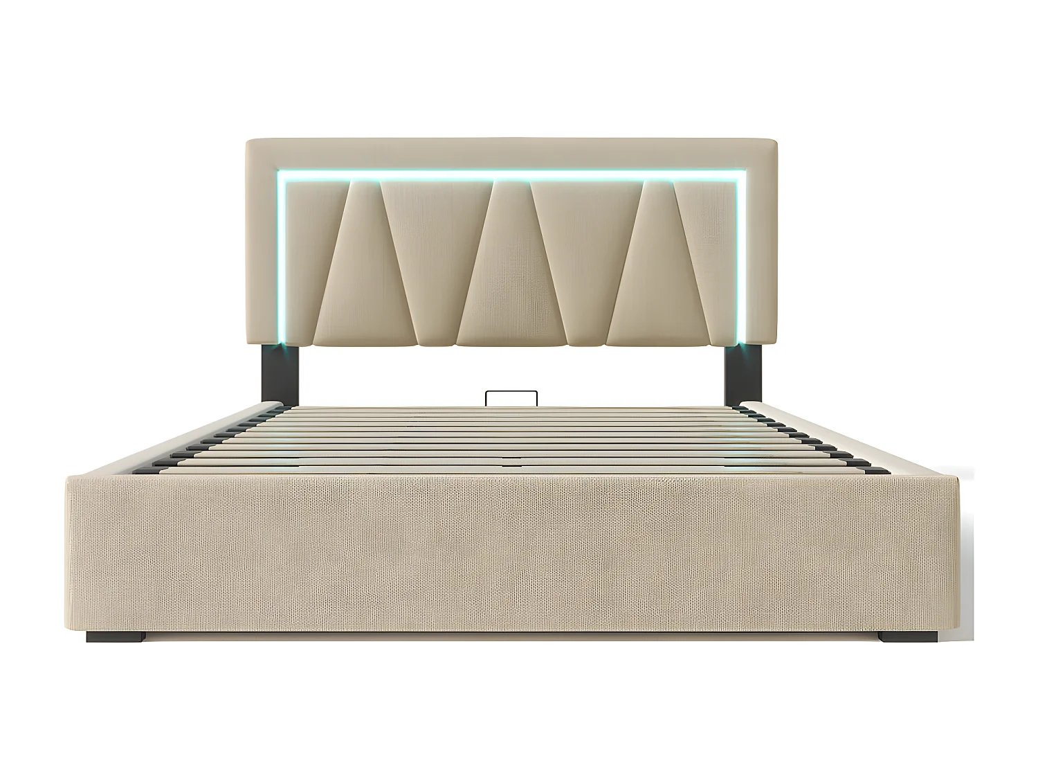 Lit coffre rembourré 160x200cm avec LED et Port de charge USB et Type-C - Tissu en Lin - sommier à lattes - Beige