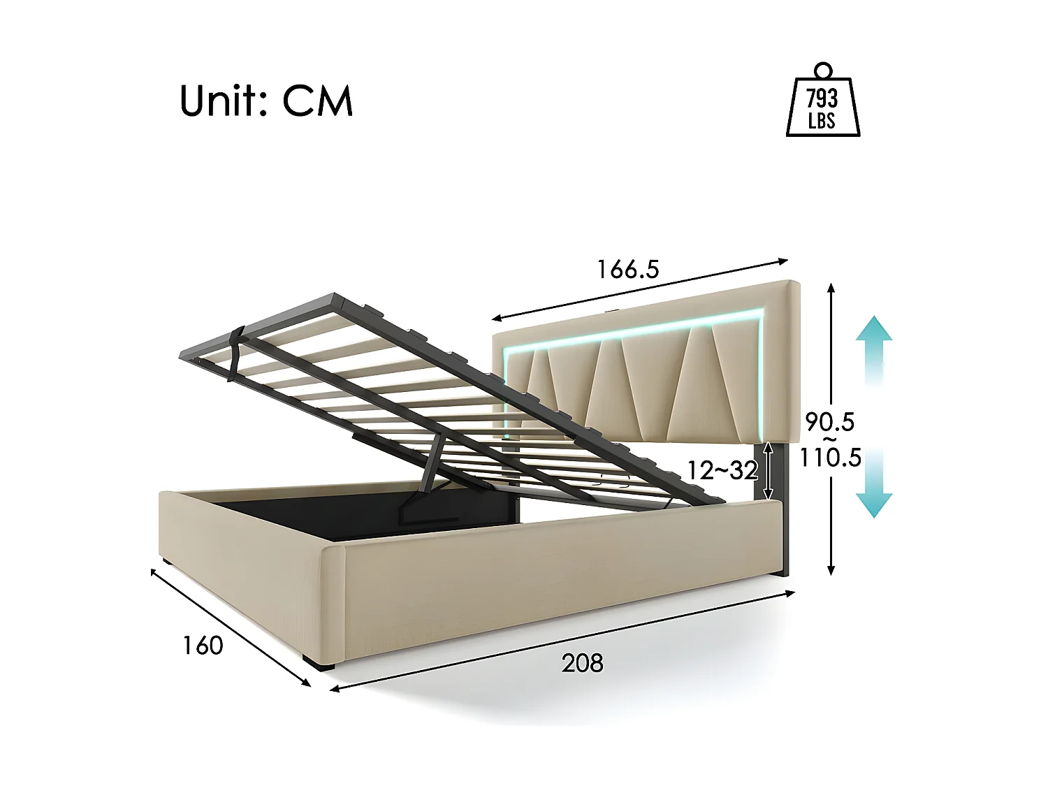 Lit coffre rembourré 160x200cm avec LED et Port de charge USB et Type-C - Tissu en Lin - sommier à lattes - Beige