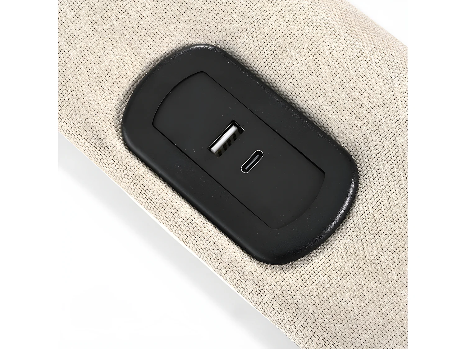 Lit coffre rembourré 160x200cm avec LED et Port de charge USB et Type-C - Tissu en Lin - sommier à lattes - Beige