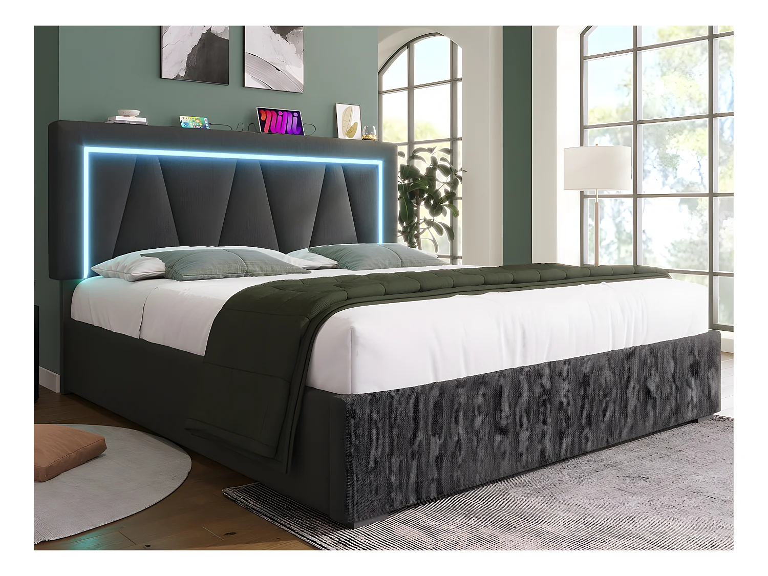 Lit coffre rembourré 140x200cm avec LED et Port de charge USB et Type-C - Tissu en Lin - sommier à lattes - Gris