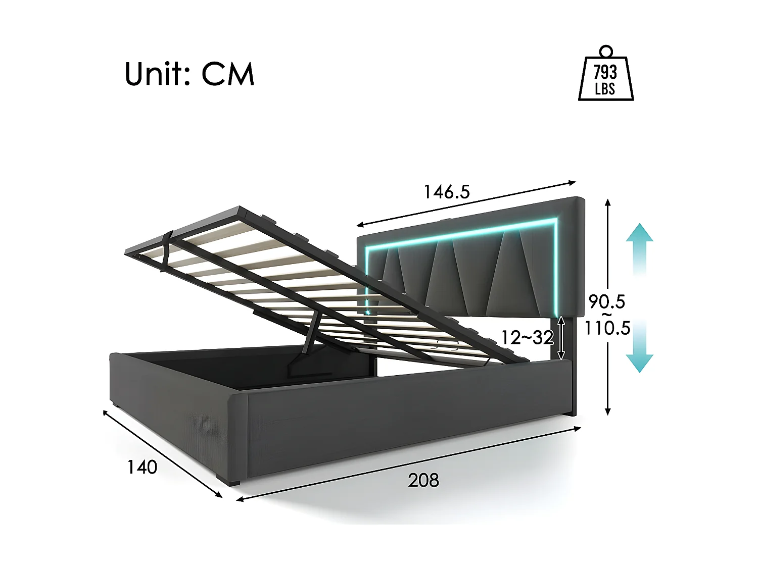 Gestoffeerd opbergbed 140x200cm met LED en USB en Type-C oplaadpoort - Linnenstof - lattenbodem - Grijs