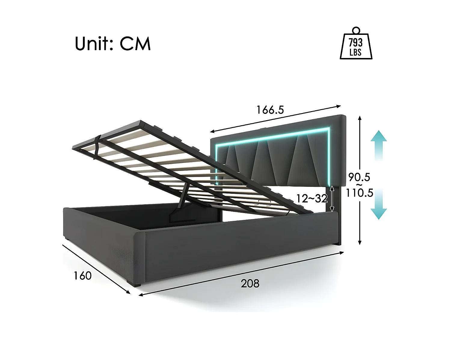 Gepolstertes Stauraumbett 160 x 200 cm mit LED und USB- und Typ-C-Ladeanschluss – Leinenstoff – Lattenrost – Grau