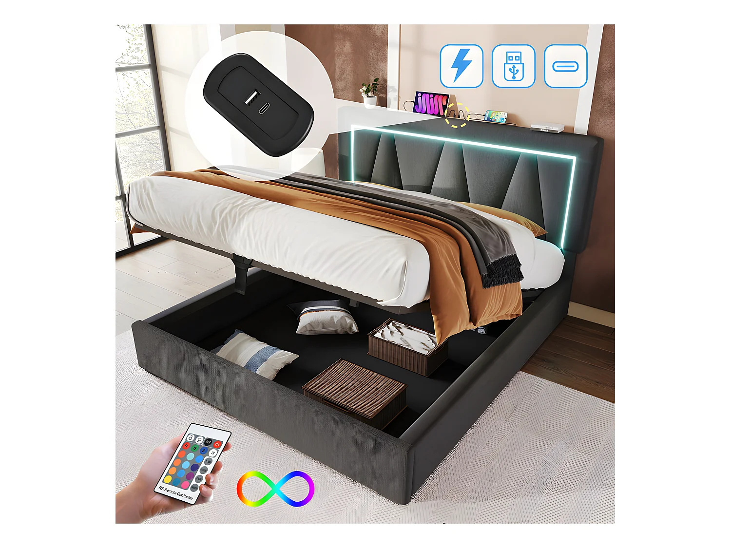 Gestoffeerd opbergbed 160x200cm met LED en USB en Type-C oplaadpoort - Linnenstof - lattenbodem - Grijs