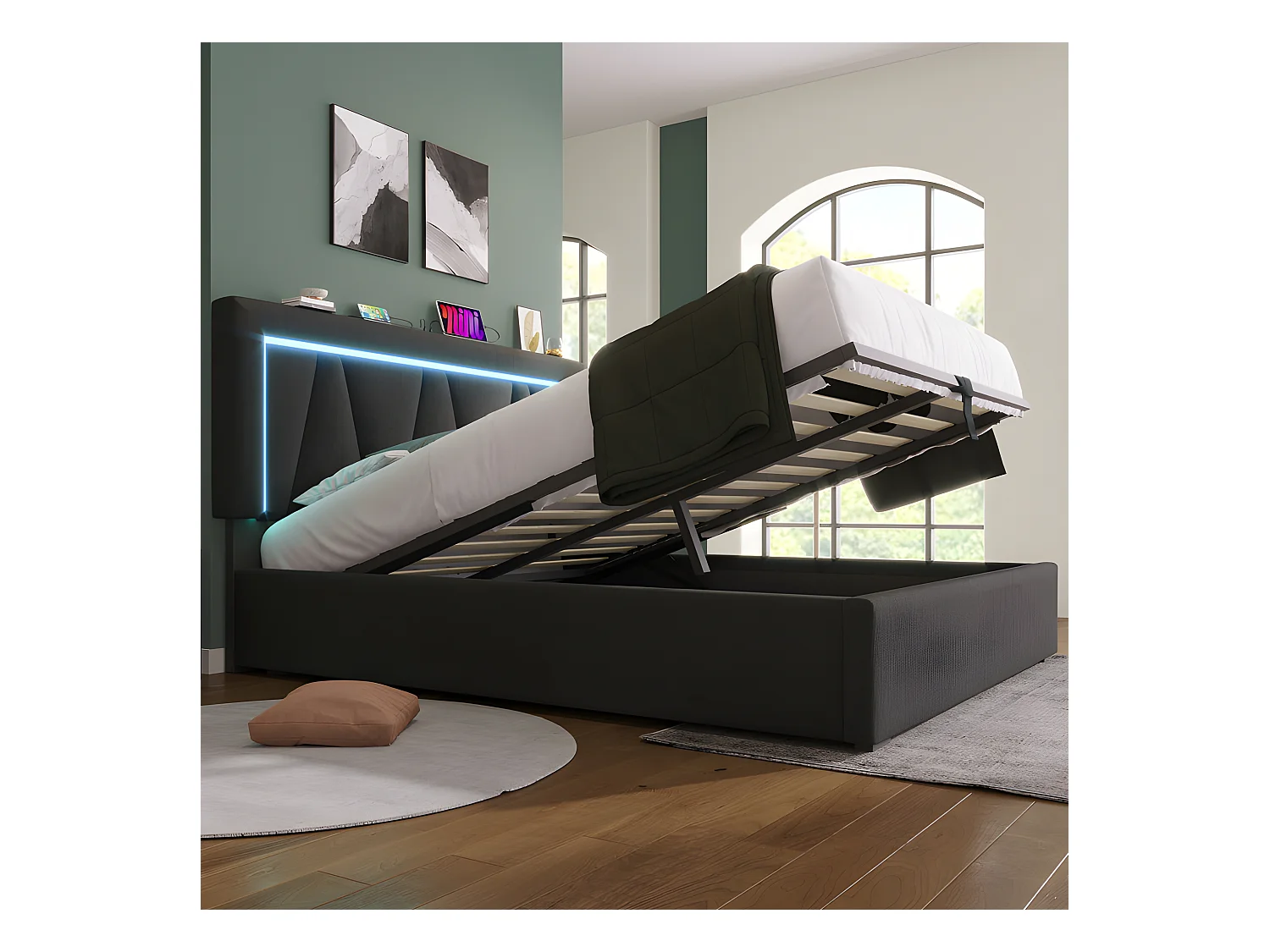 Gestoffeerd opbergbed 160x200cm met LED en USB en Type-C oplaadpoort - Linnenstof - lattenbodem - Grijs