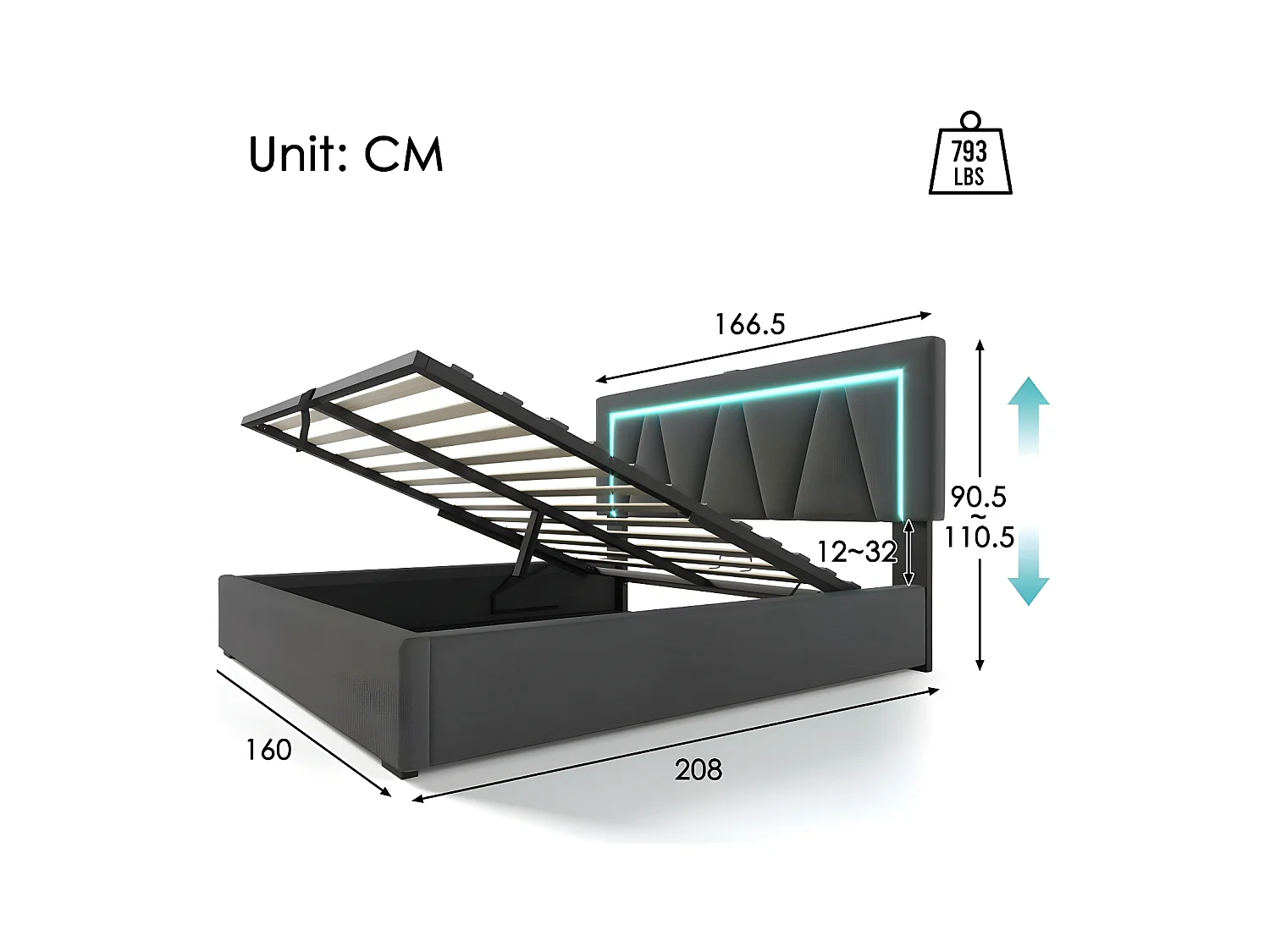 Gestoffeerd opbergbed 160x200cm met LED en USB en Type-C oplaadpoort - Linnenstof - lattenbodem - Grijs