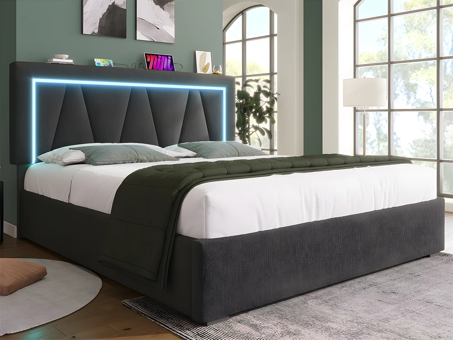 Lit coffre rembourré 160x200cm avec LED et Port de charge USB et Type-C - Tissu en Lin - sommier à lattes - Gris