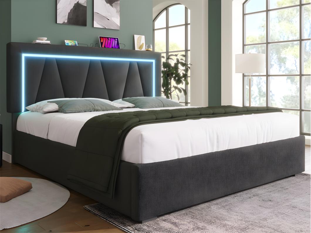 Gestoffeerd opbergbed 160x200cm met LED en USB en Type-C oplaadpoort - Linnenstof - lattenbodem - Grijs