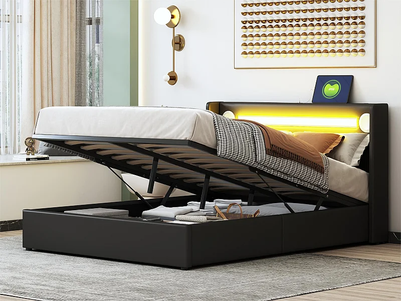 Gepolstertes Stauraumbett aus Kunstleder, 140 x 200 cm, mit LED, Bluetooth-Player und USB-Ladeanschlüssen – mit Lattenrost – Schwarz