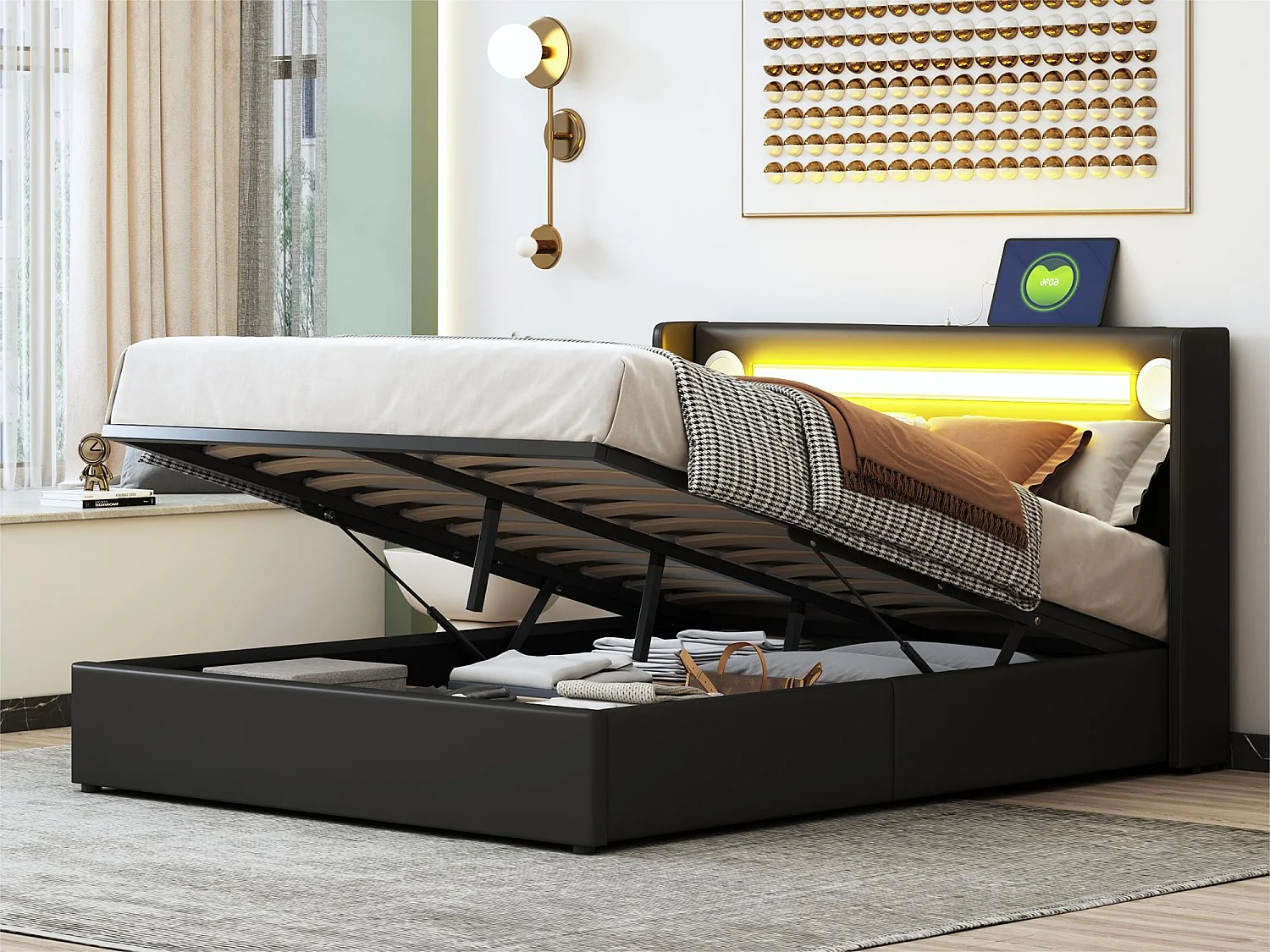 Cama contenedor tapizada en piel sintética 140x200 cm con LED, reproductor Bluetooth y puertos de carga USB - con somier - Negro