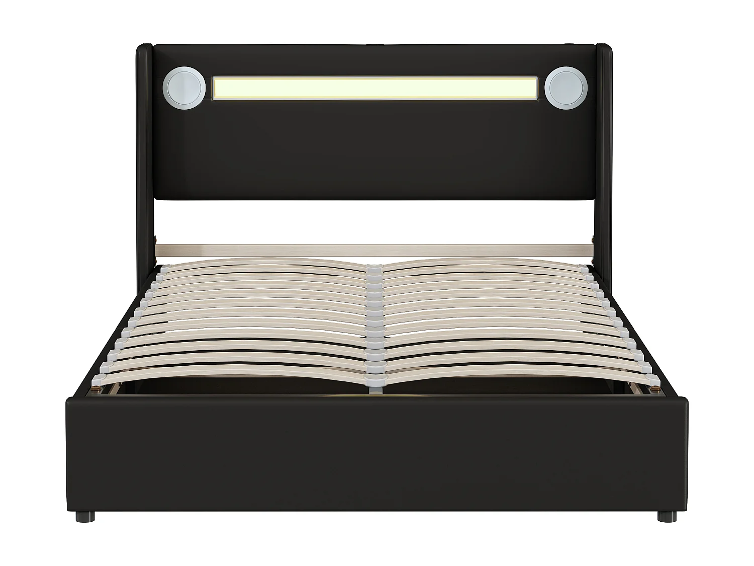 Cama contenedor tapizada en piel sintética 140x200 cm con LED, reproductor Bluetooth y puertos de carga USB - con somier - Negro