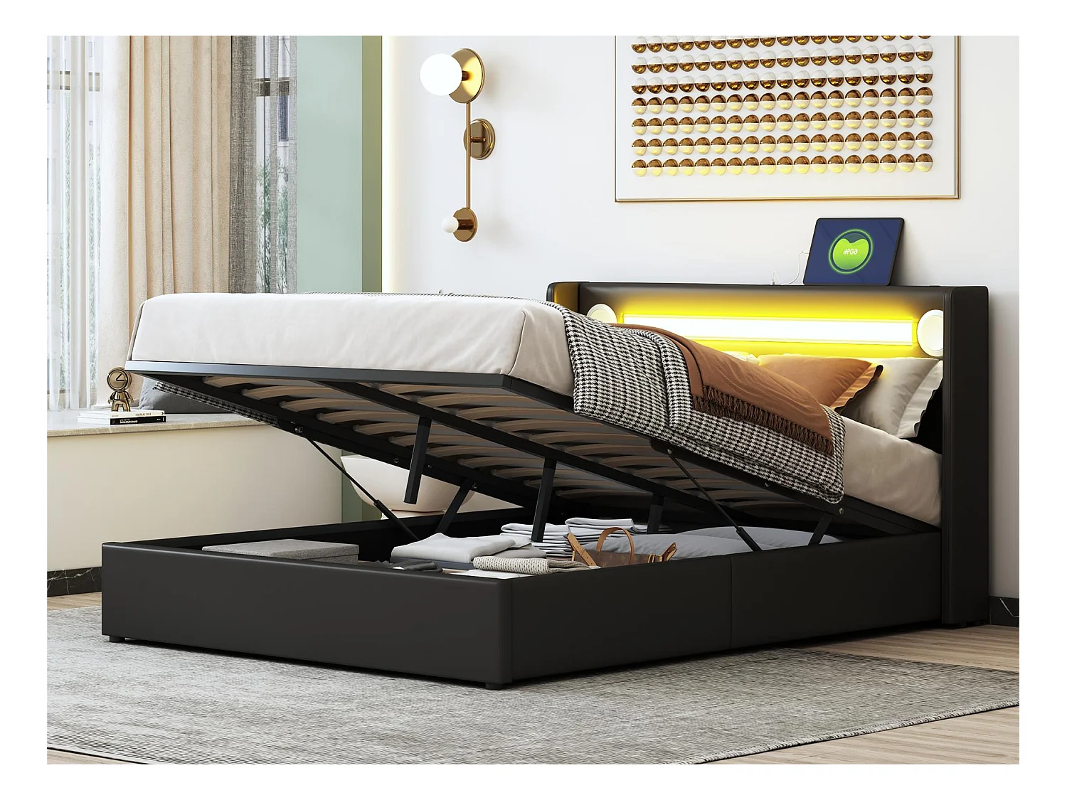 Lit coffre rembourré en similicuir 140x200cm avec LED, lecteur Bluetooth et Ports de charge USB - avec sommier à lattes - Noir