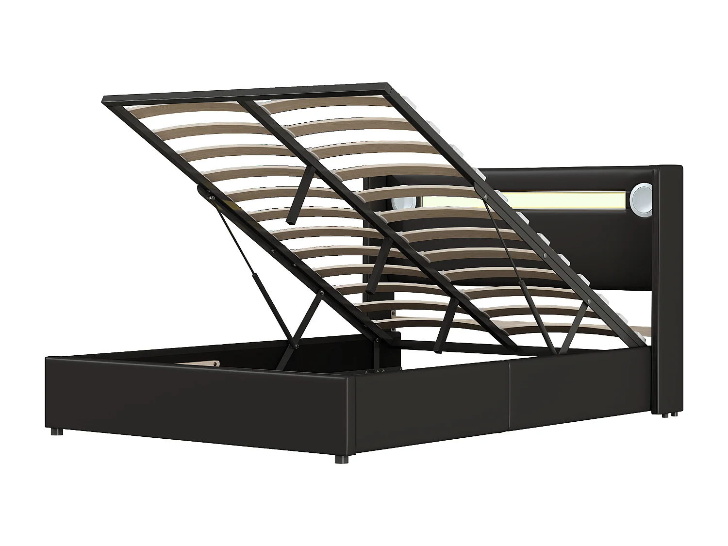 Gestoffeerd kunstleer opbergbed 140x200cm met LED, Bluetooth speler en USB oplaadpoorten - met lattenbodem - Zwart