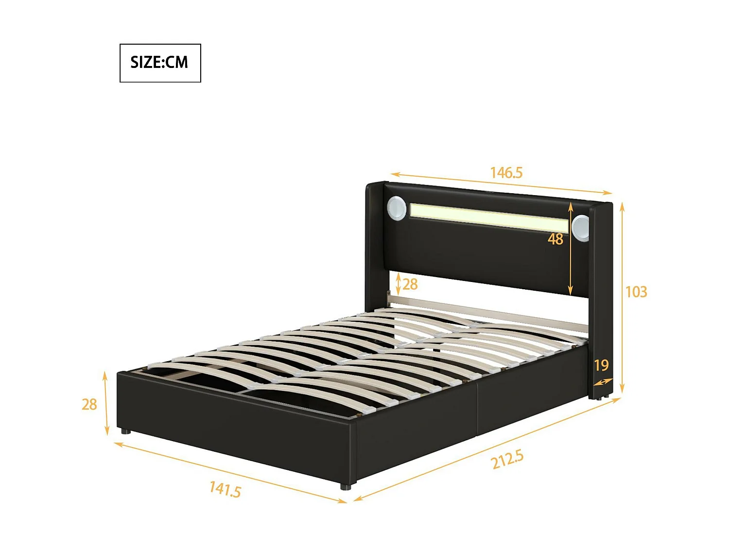 Gepolstertes Stauraumbett aus Kunstleder, 140 x 200 cm, mit LED, Bluetooth-Player und USB-Ladeanschlüssen – mit Lattenrost – Schwarz