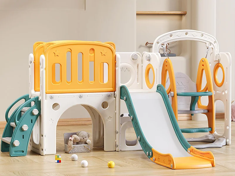 Toboggan pour enfants - comprend toboggan, escalier, passerelle et espace de rangement - polyéthylène - Jaune et vert