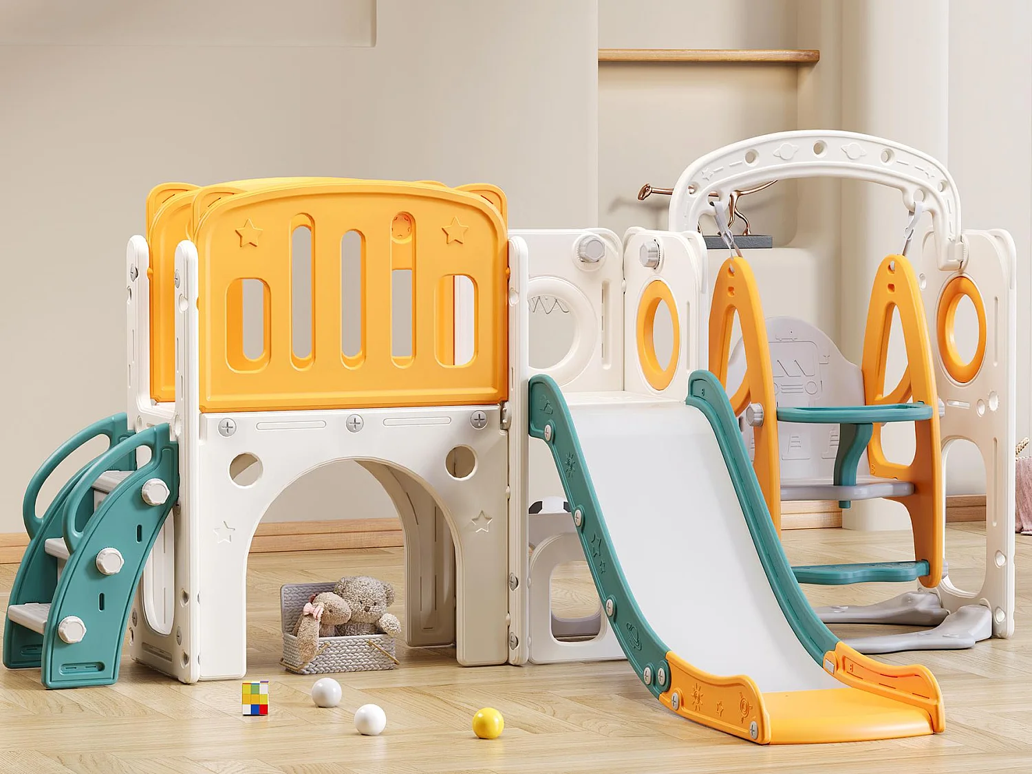 Toboggan pour enfants - comprend toboggan, escalier, passerelle et espace de rangement - polyéthylène - Jaune et vert