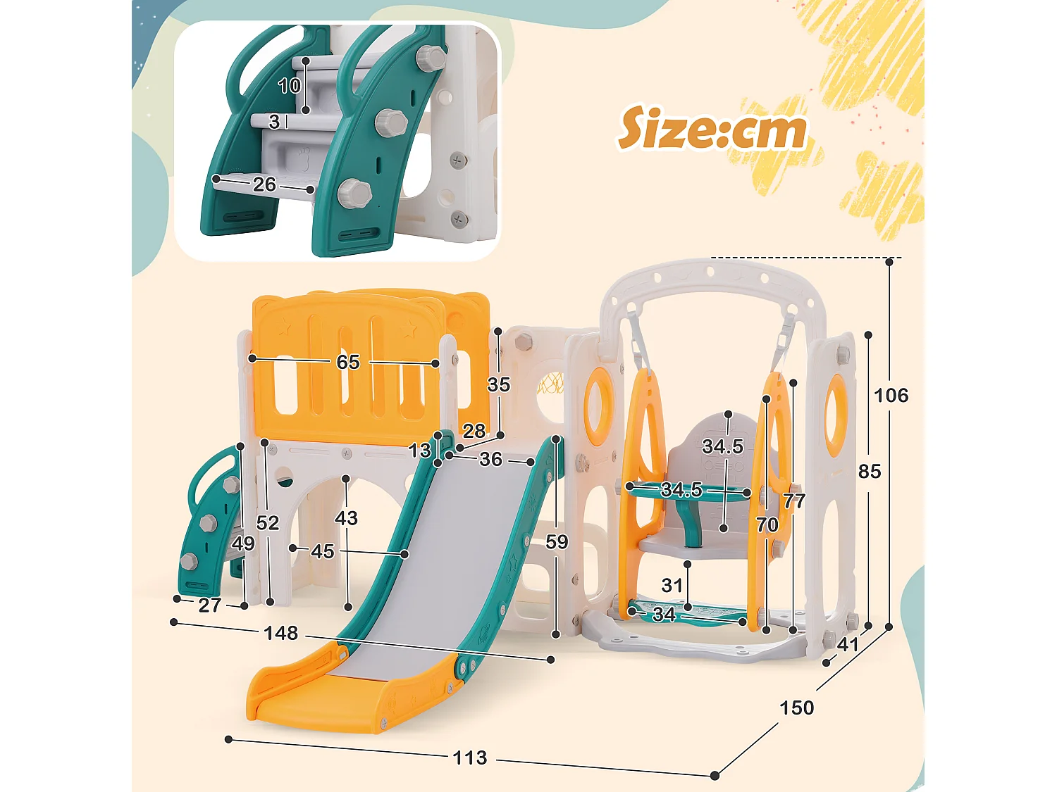 Toboggan pour enfants - comprend toboggan, escalier, passerelle et espace de rangement - polyéthylène - Jaune et vert