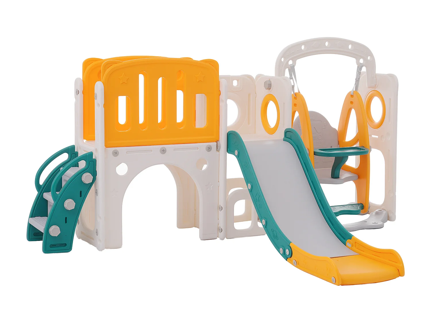Toboggan pour enfants - comprend toboggan, escalier, passerelle et espace de rangement - polyéthylène - Jaune et vert