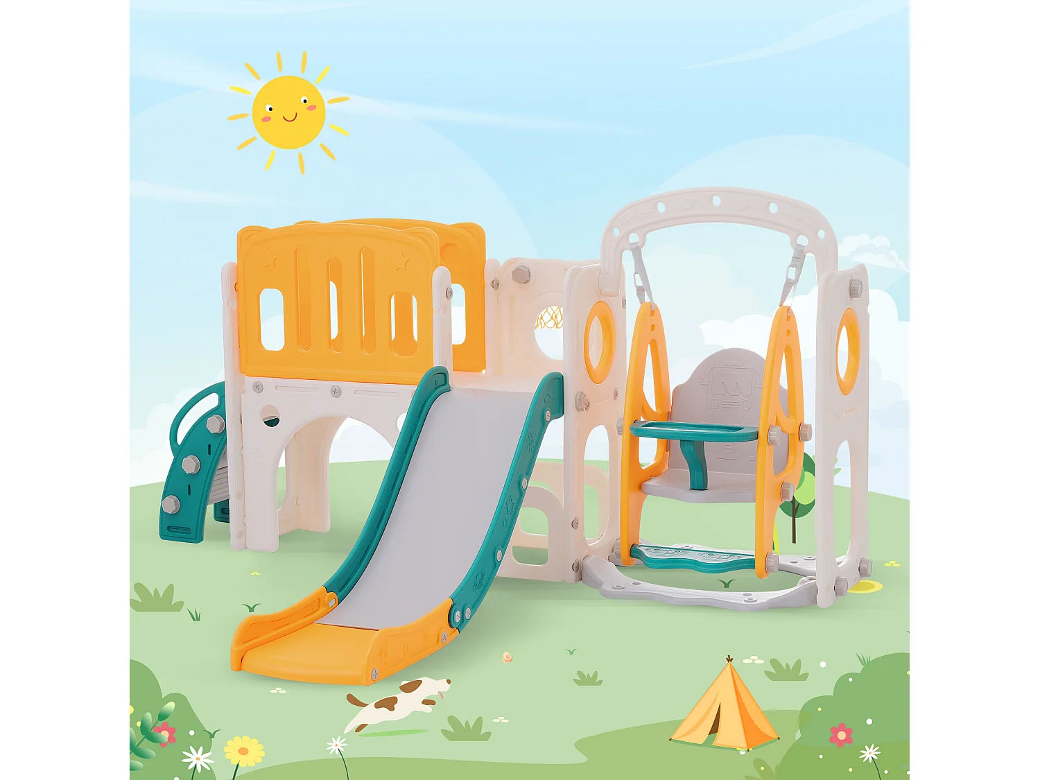 Toboggan pour enfants - comprend toboggan, escalier, passerelle et espace de rangement - polyéthylène - Jaune et vert