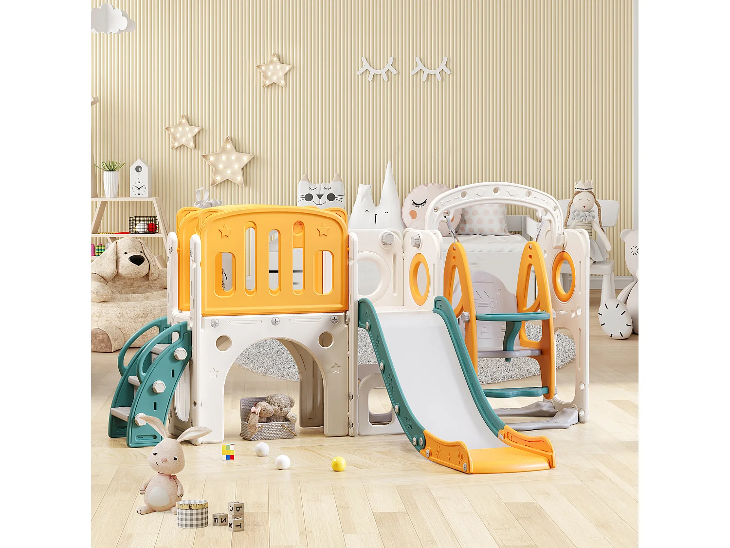 Toboggan pour enfants - comprend toboggan, escalier, passerelle et espace de rangement - polyéthylène - Jaune et vert