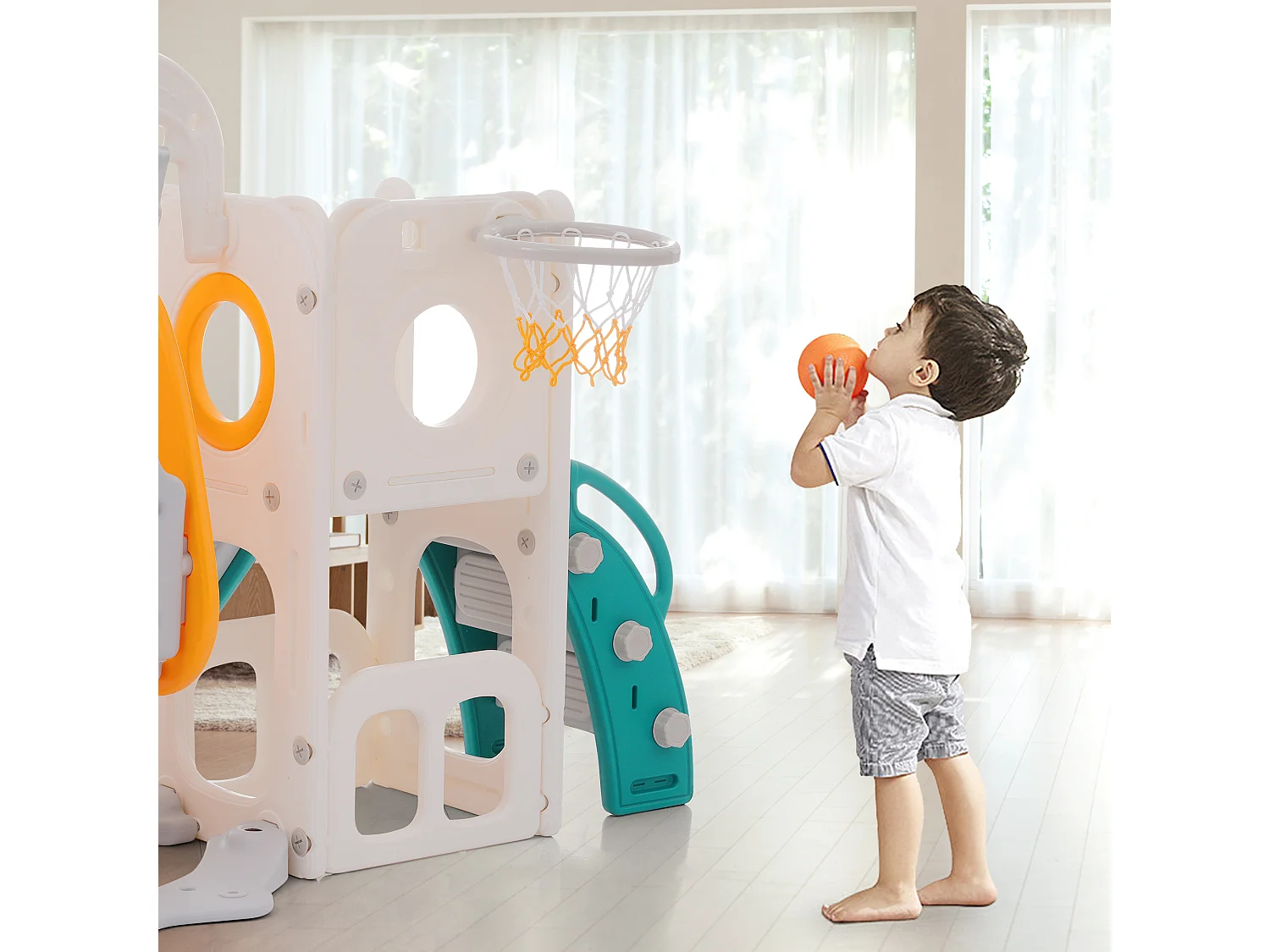 Toboggan pour enfants - comprend toboggan, escalier, passerelle et espace de rangement - polyéthylène - Jaune et vert