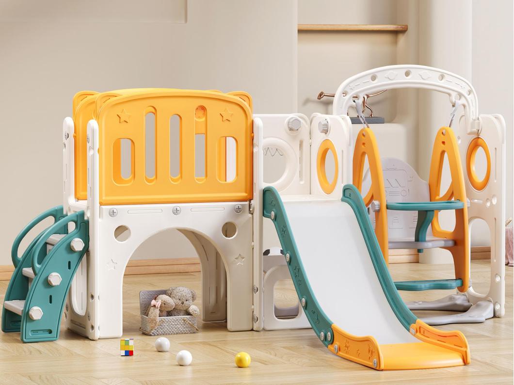 Scivolo per bambini - comprende scivolo, scala, piattaforma e spazio di riporo - polietilene - giallo e verde