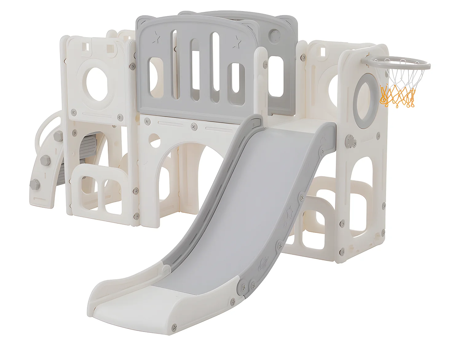 6-in-1-Kinderrutsche – bestehend aus einer Rutsche, einem Basketballkorb, einer Treppe, einem Tunnel und zwei Stauräumen – Polyethylen – Hellgrau