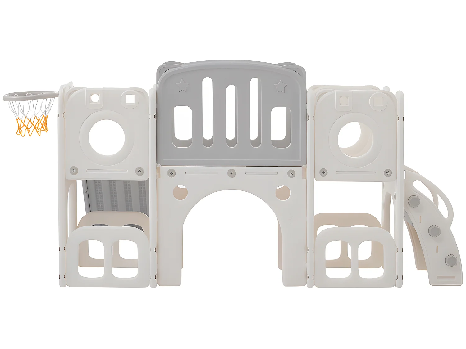 6-in-1-Kinderrutsche – bestehend aus einer Rutsche, einem Basketballkorb, einer Treppe, einem Tunnel und zwei Stauräumen – Polyethylen – Hellgrau
