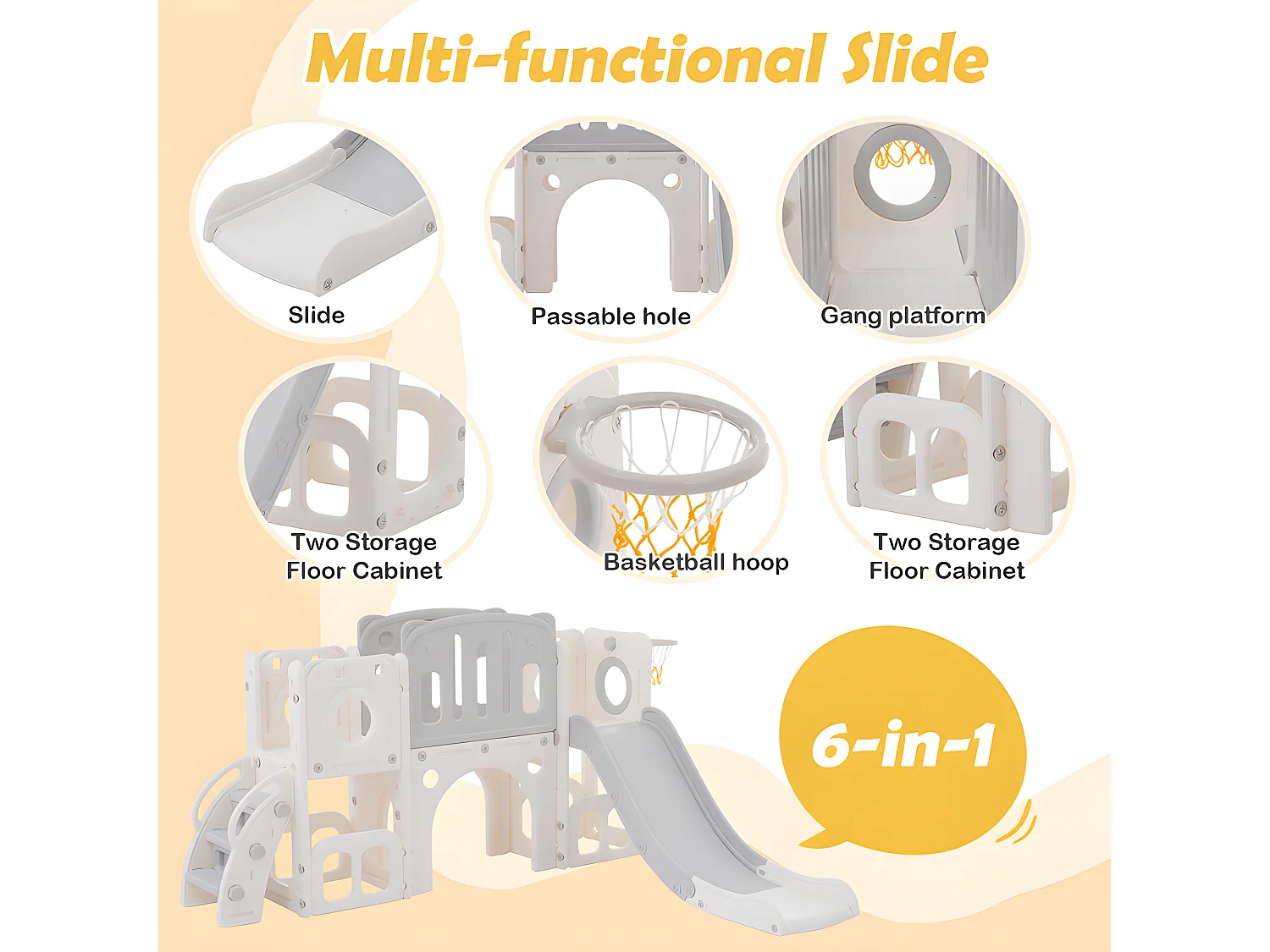 6-in-1-Kinderrutsche – bestehend aus einer Rutsche, einem Basketballkorb, einer Treppe, einem Tunnel und zwei Stauräumen – Polyethylen – Hellgrau